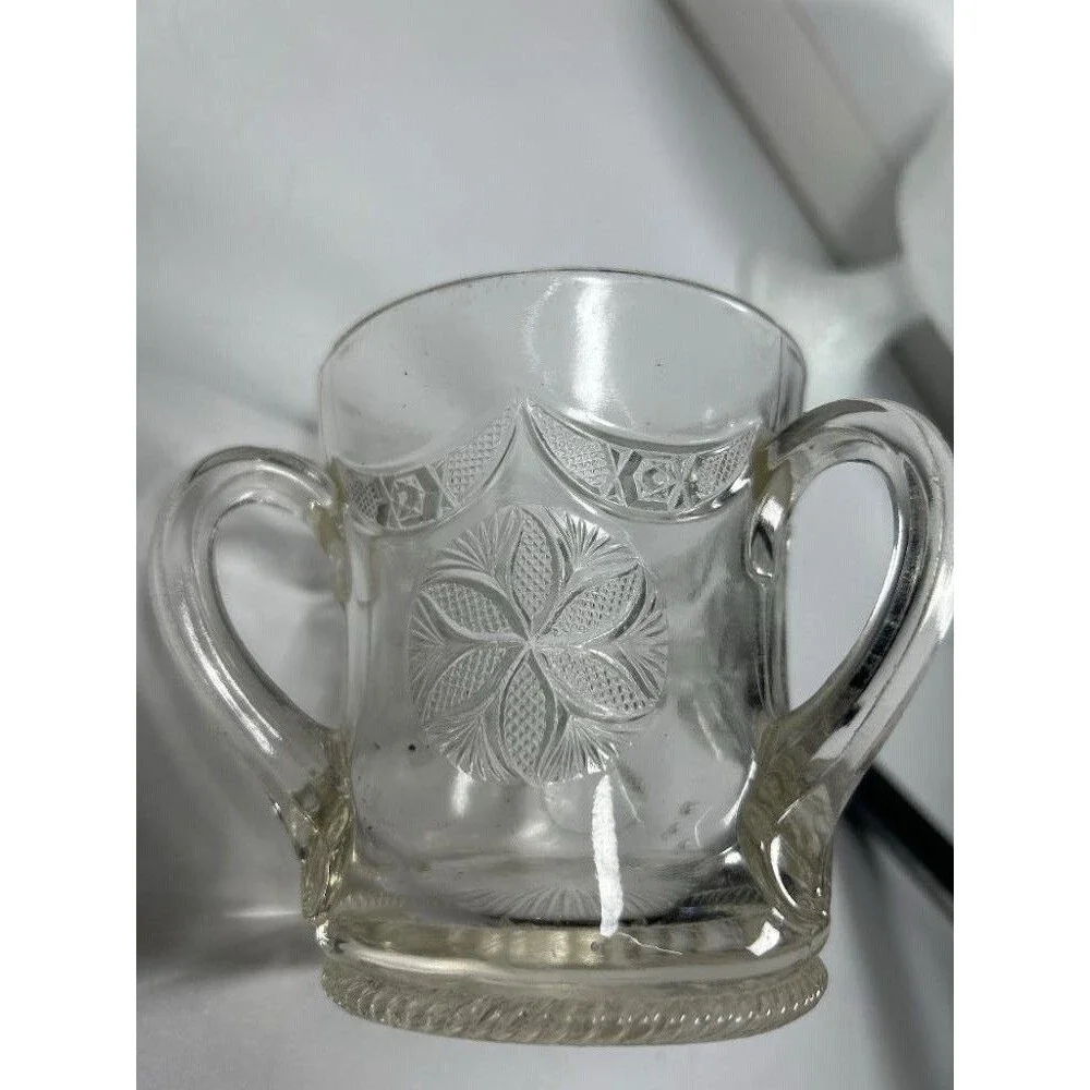 Antique US Glass Rising Sun Three Handled Loving Cup Spooner Tyg Clear 1908